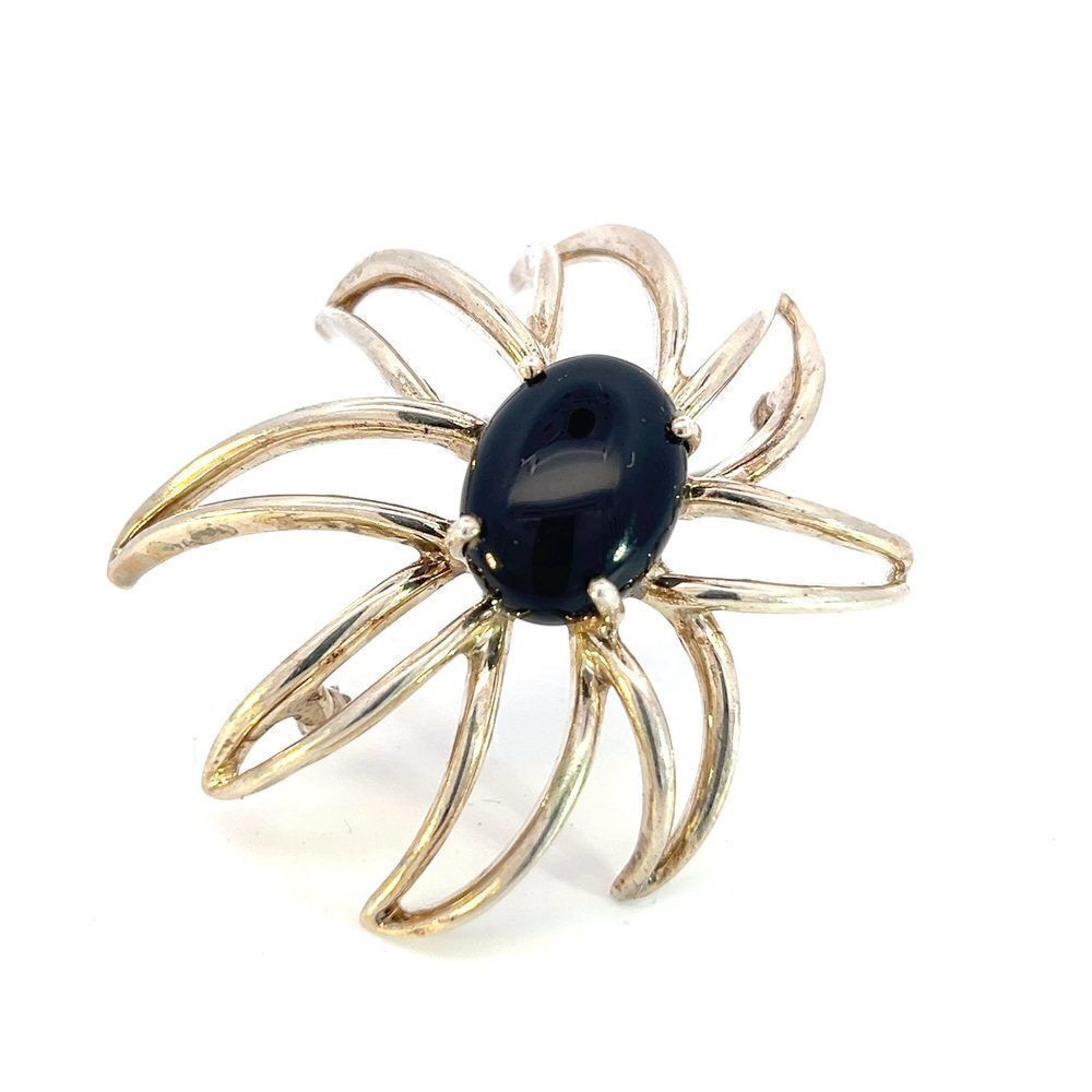 Tiffany & Co Estate Large Onyx Flower Brooch Sterling Silver TIF584
